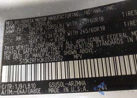 2019 Toyota Highlander Xle z USA, uszkodzony, nr VIN 5TDKZRFH3KS559252